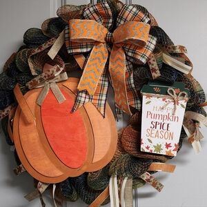 Festive Pumpkin Spice Season Wreath with Orange and Brown Accents